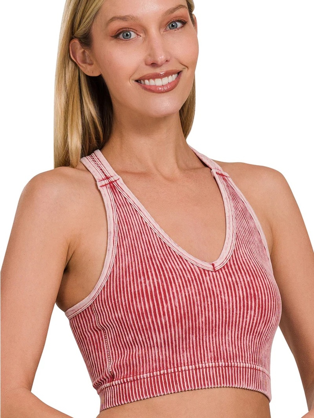 NWT Zenana Padded V-Neck Mineral Acid Wash Ribbed Crop Top Size L/XL